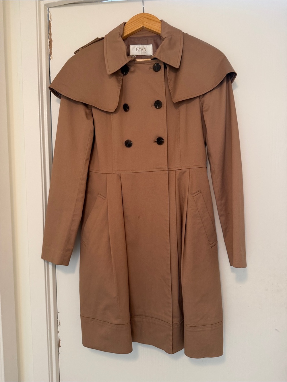 Camel Double-Breasted Trench Coat with Cape Shoulder